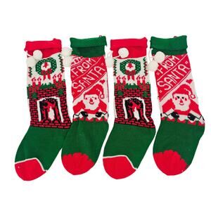 Lot of 4 Vintage Christmas Knit Stockings Santa and Fireplace 18" Cottagecore